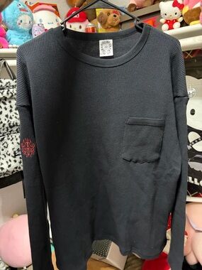 Chrome Hearts Black Waffle-Knit Crewneck Sweater with Red Sleeve Motif